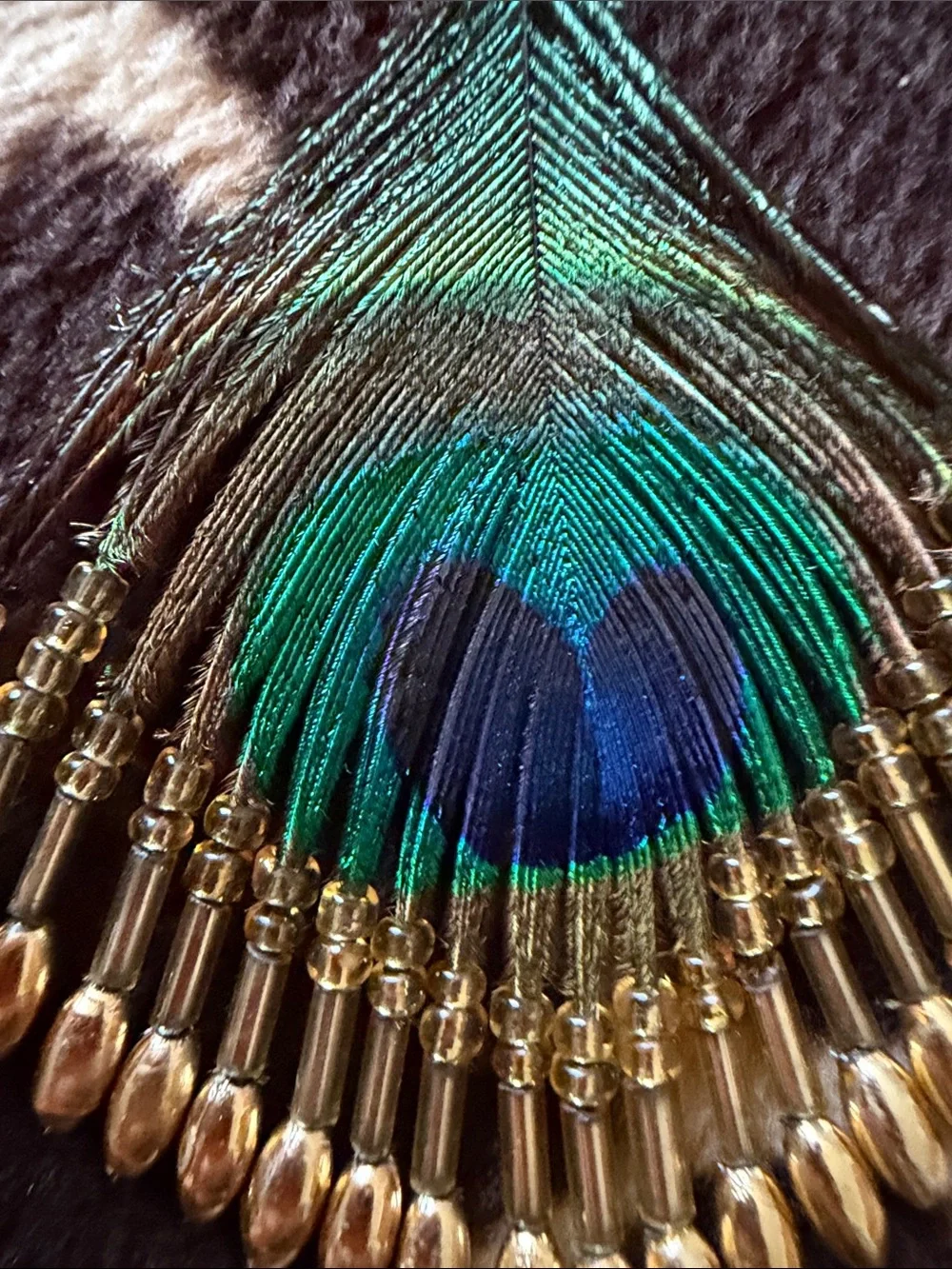 Gorgeous Vintage Peacock Feather and Hand  Beaded Earrings